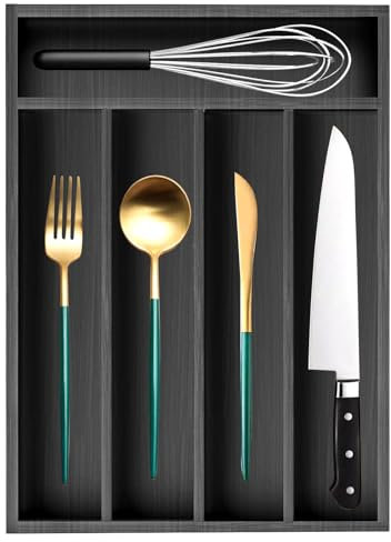 Ayiaren Cutlery Tray Narrow Wooden Silverware Organizer - Bamboo Drawer Insert - Black Wood Silverware Tray (12.7 x 9)