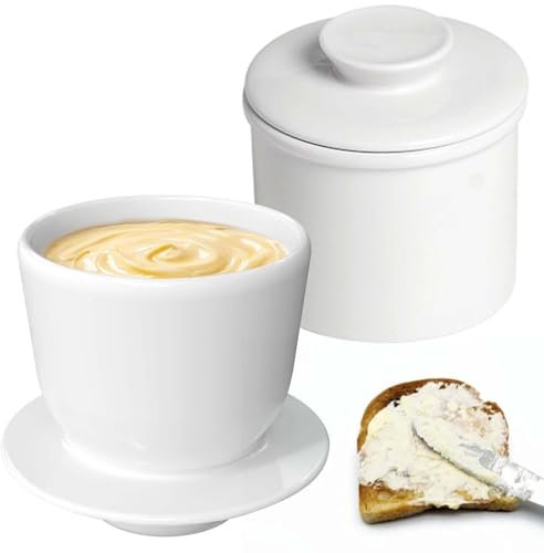 Französische Butterdose, Keramik Butterdose mit Rund Deckel, Butterdose Wassergekühlt mit Wasserlinie, Butter Glocke, Keramische Butterglocke für Streichfähige Butter Weiß