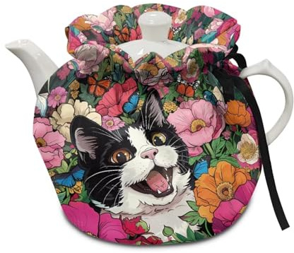 Poceacles Cat Floral Print Tea Cozy Teapot Cover Thermal Insulation Tea Pot Cosy Teapot Cover Home Kitchen Table Tea Pot Cover Teapot Cozy Warmer