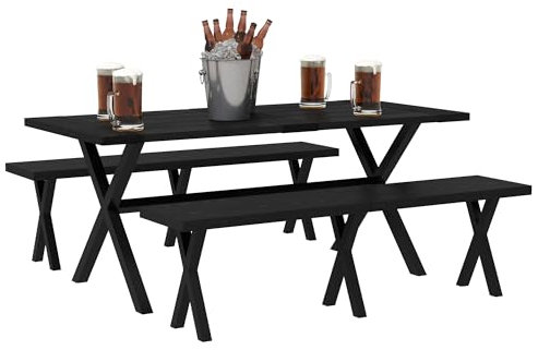 Outsunny Bierzeltgarnitur, 3-TLG. Festzeltgarnitur mit Tisch aus Alu, 2 Bänken aus Stahl, Schirmloch, Gartenmöbel Set mit Holzoptik für Terrasse, Balkon, 180 x 80 x 73 cm, Schwarz