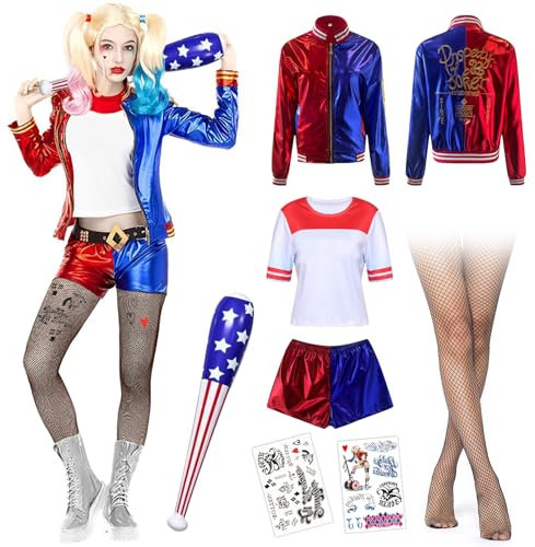 Costume da Quinn Bambina, Quinn Costume da donna Carnevale Cosplay Harly Quin Costume Bambina Kit con Mazza da Baseball Gonfiabile,Tatuaggi Temporanei,Guanti, Giacca,T-shirt,Pantaloncini,Calze a rete