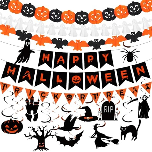 Halloween Deko Set Wiederverwendbare Halloween Party Dekoration mit Happy Halloween Banner, Halloween Girlande, Wirbel Decken Hängedekoration mit Fledermaus Spinne, Kürbis, Geister Partydekorationen