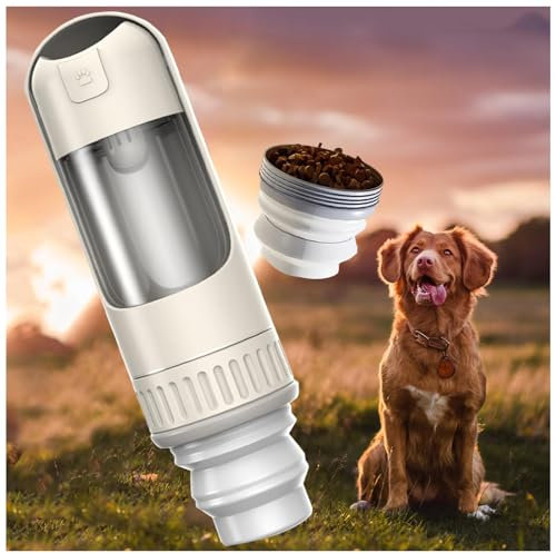 Trinkflasche Für Hunde, 2in1 unterwegs, 350ml mit 150g Falten Futterbehälter Hunde Trinkflasche Unterwegs für Wandern, Reisen mit Haustieren,White