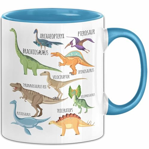 Trendation Dino Tasse Dinosaurier Geschenkidee Jungs T-Rex Arten Kakao Becher 325 Milliliter Keramik Becher (Blau)