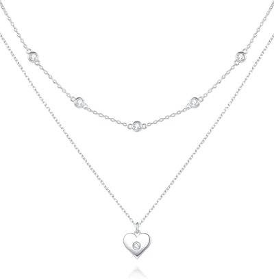 FANCIME Layered Kette Damen mit Herz Anhänger, 14K Weißgold Vergoldet Personalisierte Zarte Mehrreihige Halskette, 925 Sterling Silber Halskette Schmuck für Damen Mädchen