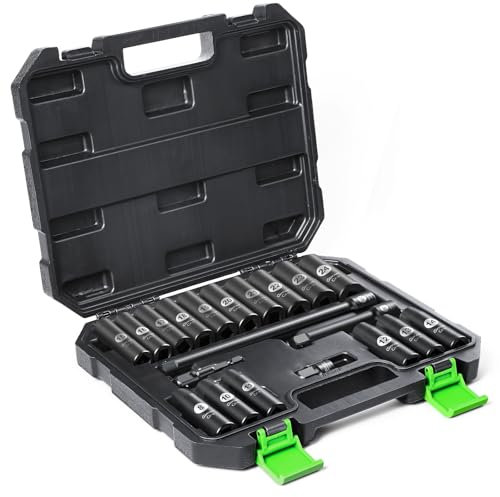 Ginour 17 tlg Schlagschrauber Nüsse Set 1/2 Zoll 10-32mm, CR-Mo 16 tlg Sechskant Kraft Nuss, Stecknuss Set mit 3/8 auf 1/2 Adapter Für pneumatische Schlagschrauber, elektrische Schlagschrauber