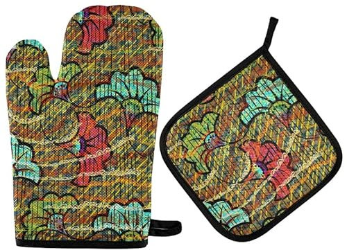 Vikeiac Motivi africani guanti da forno floreali set di presine etnici fatti a mano ornamento antiscivolo da cucina resistenti al calore cuscinetti caldi per donne guanti da cucina cottura BakeWear