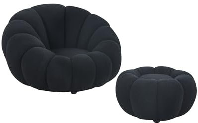 cosyou Sessel mit Hocker weicher Teddystoff - runder Fernsehsessel für Wohnzimmer & Schlafzimmer, Relaxsessel drehbar für entspannte Abende beige weiß rosa - jetzt Farbe wählen (Schwarz)