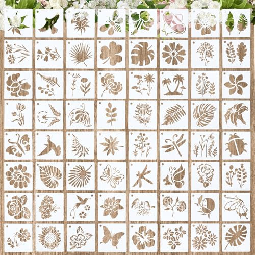 64 Stück Schablonen Malen 5.5x4cm Blätter Vogel Zeichnung Malschablonen, Blumen Wand Kunststoff Blumenschablonen, DIY Malerei Vorlagen für Wand Fliesen Holz Boden Scrapbooking