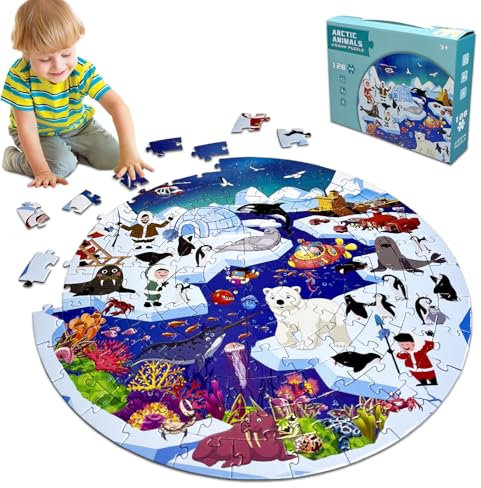 Kulveanju Kinder Puzzle ab 4 5 6 Jahre, 128 Teile Gletscherwelt Bodenpuzzle, Große Kinderpuzzle Spielzeug Kreisförmig, Puzzle für Jungen und Mädchen 3-7 Jährige Geschenk, 42x42 cm