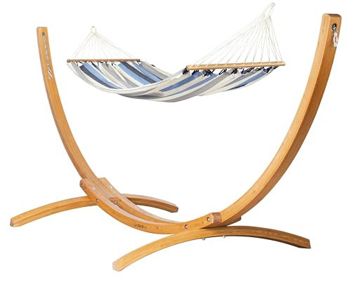 LA SIESTA® Alisio Hamac Simple à Barre et Support en Bois – Support Hamac Exterieur Interieur Resistant aux intemperies, Hamac Suspendu, Toile de Hamac sur Pied Bois pour 1 Personne - Sea Salt