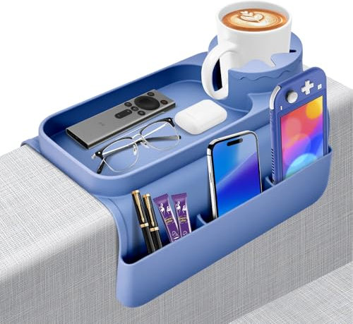 wkyqes Silicone Sofa Armrest Tray with Dual Side Pockets,Anti-Slip Couch Cup Holder for Drinks, Phone, Tablet, Remote&Snacks,Temperature Resistant Arm Organizer for Living Room,Bed,Recliner,Car (Blue)
