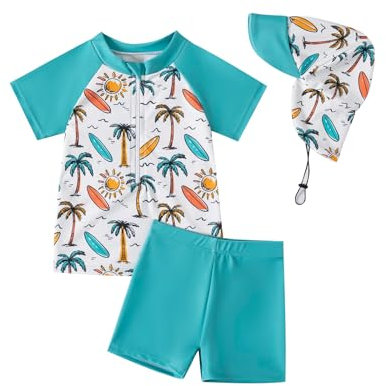 YAGATA Kinder Jungen Badeanzug Bademode Jungen Uv-Schutz Bade-Set Dinosaurier Badeshorts Badebekleidung Grüner Kokosnussbaum 12-18 Monate