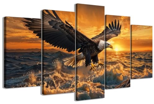CCWACPP Große Adler Leinwandbilder 5 teilige Wanddekoration Fliegende Weißkopfseeadler Bilder Wildlife Bird Wanddrucke gerahmt (20x35cmx2 20x45cmx2 20x55cmx1)