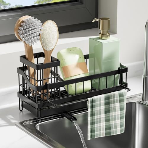 Kitchen Sink Caddy, Sink Tidy Organiser with Self Draining Tray and Sponge Holder, Kitchen Storage & Organisation Organiser with Dishcloth Hanger, Washing up Utensil Caddy for Countertop