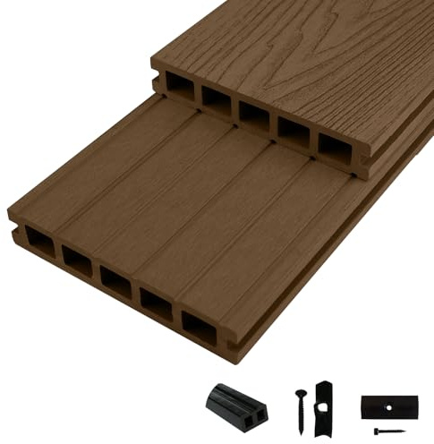 Woodstore24 WoodoMykonos Komplettset 2,4 m - Braun - Terrassendiele - 5-Kammer System - Rutsch- & Wetterfest - Breite: 145 mm, Stärke: 25 mm - 5 m²