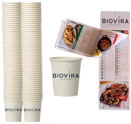 BIOVIRA 100 Bicchieri di Carta da 240 ml Monouso Biodegradabili, Calendario Gastronomico 2026 – Ideali per Acqua e Bevande Calde e Fredde, Alternativa Ecologica ai Bicchieri di Plastica Usa e Getta