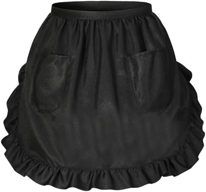 Women's Vintage Ruffles French Maid Waist Aprons Dress with Pockets Black | Adjustable Long Straps, Half Waitress Server Apron Costume for Chef Cooking Kitchen Restaurant Bar Bistro Party Cafes Cosplay