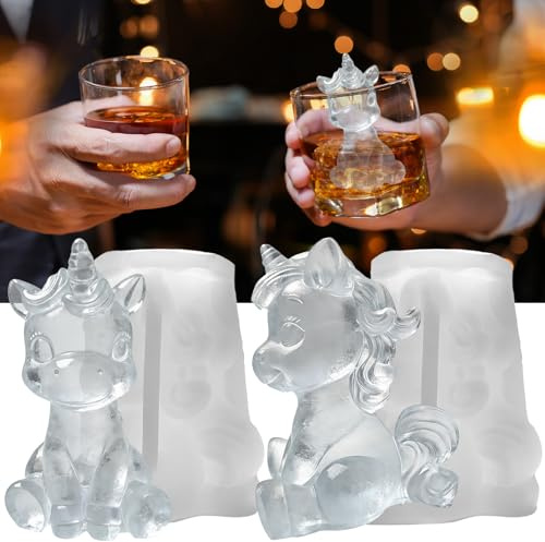 SIUPER 3D Unicorn Ice Cube Silicone Molds Tray for Whiskey, Cocktail, Drink Decor, Bar; Rich Details. Cute Gifts for Women Kids Girls Unicorns Lover, Fun Horse Animal Shape Epoxy Resign Mold; 2 Pack