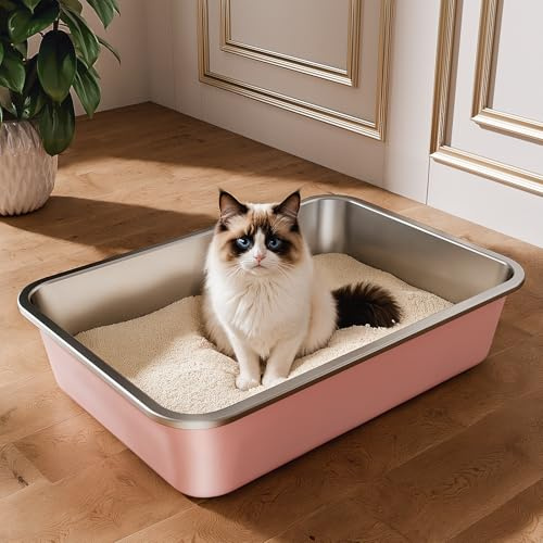 Edelstahl Katzenklo, Große Katzentoilette, XXL Katzentoilette Edelstahl Offen, Metall Katzenklo für Katzen Aller Größen Kaninchen, Antihaftbeschichtet, Leicht zu Reinigen (Rosa, 50x35x10cm)