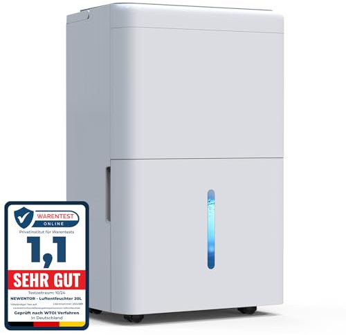 Newentor Luftentfeuchter elektrisch 20L, Entfeuchter elektrisch keller, Raumentfeuchter elektrisch, Dehumidifiers for home für 150m³/50m², mit Timer, Filter, Ablaufschlauch, 10 J. Gar.