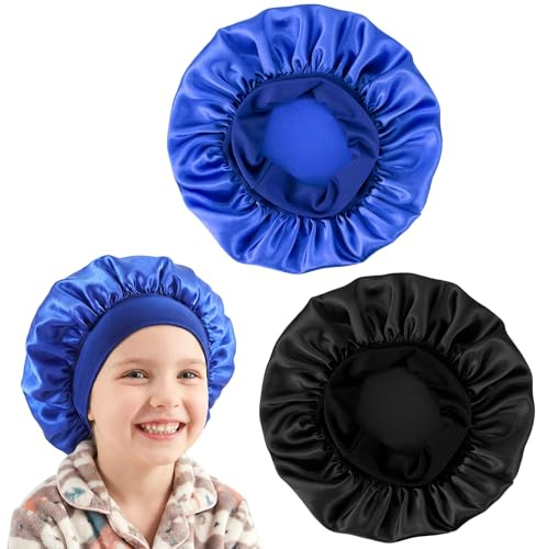 Wanmu 2 Stück Silk Bonnet für Kinder, Satin Haarhaube Bonnet Sleep Cap Nacht, Elastisch Duschhaube Seidenhaube zum Schlafen für Jungen Mädchen (Blau, Schwarz)