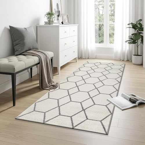 SANAT Wohnzimmerteppich – Pflegeleicht, für jeden Raum geeignet – Öko-Tex zertifizierter Flächenteppich – Trellis Muster, Creme, 80 x 200 cm
