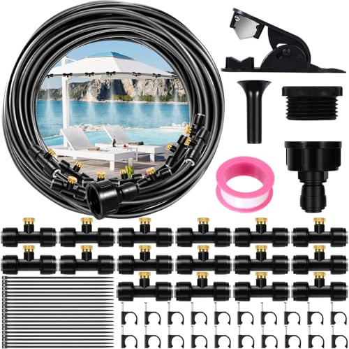 Purpledi 15M Kit Nebulizador Jardín, Sistema de enfriamiento por nebulización, Nebulizador Terraza Exterior con 16 Boquillas de Latón Ajustables para Eventos al Aire Libre，Jardines，Sombrillas y Techos