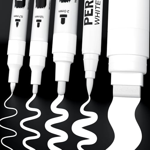 Alitastro 5 White Acrylic Paint Pen 5 Different Tips Acrylic Paint Markers | Waterproof, Quick Dry, Extra Fine, Fine Medium, Brush Tip & Jumbo Pens for Plastic, Ceramic, Wood, Rock Painting, Tire, Metal