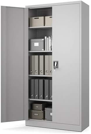 Muralo Metallschrank mit 4 verstellbaren Fachböden Abschließbar - Grau | Aktenschrank 185x90x40 cm mit Sicherheitszylinderschloss, Belastbar bis 50 kg, Pulverbeschichtung, ideal für Büro, Werkstatt