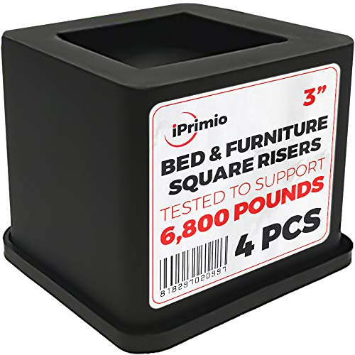 iPrimio Bed Risers - Square, 3 Inch Lift, Heavy Duty, 4 Pack, Up to 6800lbs - Bed Raising Blocks, Furniture Risers - Safe, Sturdy Bed Lifts for College Dorm Rooms, Couches, Tables, Desk Riser