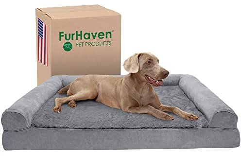 Furhaven Kühlendes Gel-Hundebett für große Hunde mit abnehmbaren Nackenrollen und waschbarem Bezug, für Hunde bis zu 57 kg, Plüsch- und Wildleder-Sofa, Grau, Jumbo Plus/XXL