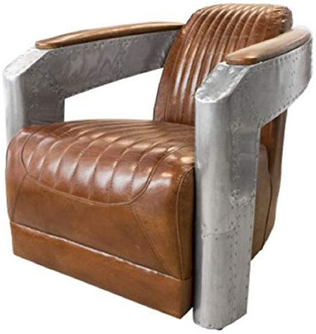 Casa Padrino Art Deco Aluminium Echtleder Sessel Braun/Silber 74,5 x 94 x H. 78 cm - Club Sessel - Lounge Sessel - Flugzeug Flieger Möbel