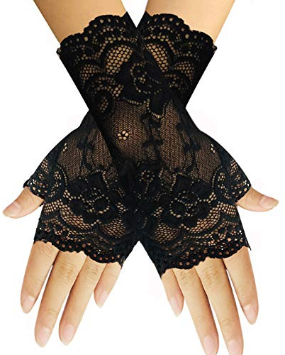 monochef Women Short Lace Gloves Sunblock Fingerless Bridal Wrist Floral Opera Evening Party Wedding Tea Prom Cosplay 1920s for Ladies and Girls, Black (Black)