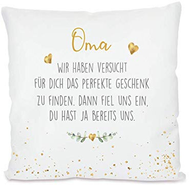 Manufaktur Liebevoll I Kissen „Oma, wir haben versucht ... I Geschenk für die Großmutter, Omi I Besondere Geschenkidee als Dankeschön, zum Geburtstag und zu Weihnachten I 40x40 cm