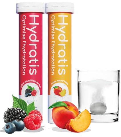 HYDRATIS - Pastilles Effervescentes Fruits des Bois + Pêche - Optimise l'Hydratation - Riche en Minéraux - Faible en Sucre - Goûts Légers - Sport, Crampes, Récupération - 40 Pastilles