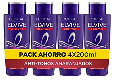 L'Oreal Paris Elvive Color Vive Champú Violeta Matizador, Para Pelo con Mechas, Decolorado o Gris, Anti-Efecto Anaranjado, Pack de 4 unidades x 200 ml, Total 800 ml
