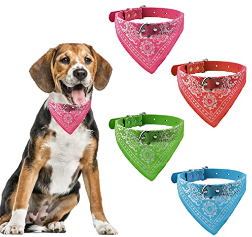 HACRAHO Hundehalsband Bandanas, 4 Stück Hundehalstücher Halsband mit Verstellbarem Gurt Waschbar Hundehalstuch Halsband für Kleine Mittlere Hunde, Rot, Grün, Rosarot, Himmelblau, M