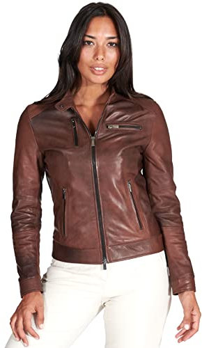 D'Arienzo Giacca Pelle Marrone Nuvolato Donna Biker Vera Pelle Made in Italy Giulia XS/Marrone