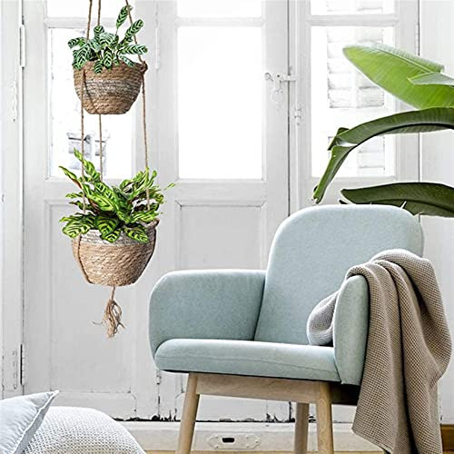 Couche double Pots de fleurs a suspendre Jardiniere suspendue interieur Extérieur Pots Panier Tissés de Fleurs ​Plante Naturels,pour Decoration Murale, Extérieur, Balcon, Jardin ( Blanco : Gray )