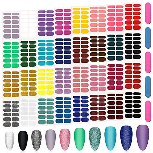 384 piezas Pegatinas De Uñas, Kalolary 32 Hojas Envolturas Uñas Color Brillante Sólido Autoadhesivas Uñas Se Adhieren Tiras Uñas con 5 Limas de Uñas para Mujeres y Niñas Decoración Uñas Bricolaje