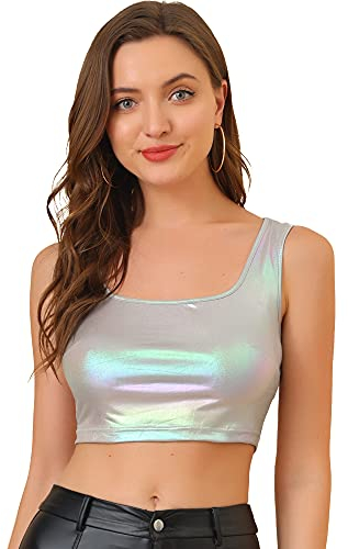 Allegra K Damen Metallic Crop Top Party Tanktop Ärmellos Glänzend Club Bauchfrei Oberteil Silber grau S