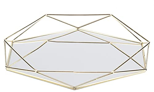 Joyzan Bandeja Decorativa de Perfume, Espejo Dorado Maquillaje Metal Hexagonal Organizador Oro Jewelry Storage Organizer Tray Box Dormitorio Almacenamiento Dorada Cristal Organizadora Joyas Vidrio