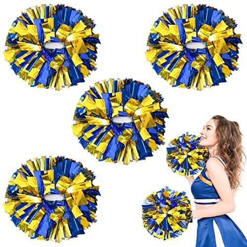ZONITOK Cheerleader-Pompons in Metallic-Optik, 30,5 cm, Cheerleader-Pompons mit Taktstockgriff, Cheering Squad Pompons für Kinder, Erwachsene, Schule, Tanz, Sport, Teamgeist, Blau + Gold, 4 Stück