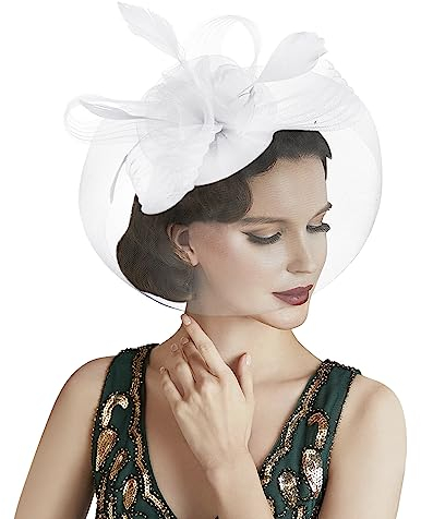 Damen Vintage Federhut Mesh Hut kreativer Haargummi-Kopfschmuck Feder Blumen Zylinder Mesh-Kopfbedeckung hübsch Haarnadel Braut Kopfbedckung für Hochzeit Cocktail Kirche Tee Party Jockey Club