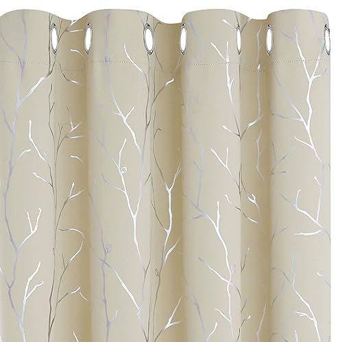 BUHUA 2er Set Vorhänge Lichtundurchlässig, Verdunklung Ösenvorhang mit Muster Zweig, Thermogardinen für Schlafzimmer, Beige 137x132cm(HxB), 2 Stück