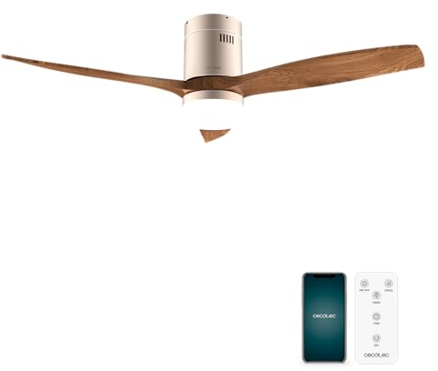 Cecotec Ventilador de Techo EnergySilence Aero 5600 Aqua GoldDarkWood Connected de 40 W y 52”, Wifi, mando, protección IP44, luz, 6 velocidades, 3 aspas, modo winter-summer y temporizador 8h