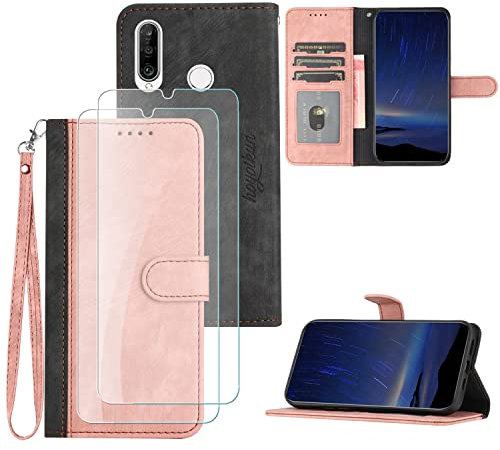 Hoyoikun Flip Custodia in Pelle PU Premium per Huawei P30 Lite+(2 Pezzi Vetro Temperato).Custodia Sottile in Pelle per Telefono,Premium PU/TPU,Supporto Stand,Chiusura Magnetica viola-Rosa