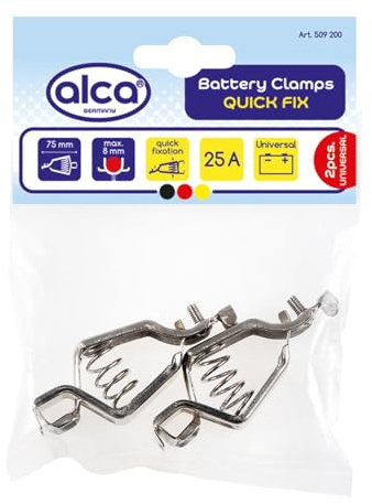 alca® Batterieklemmen Set 25 A für die Fahrzeugbatterie im Kfz | Zweiteiliges Set aus vernickeltem Stahl, Starke Zugfeder, Länge von 75 mm, Kabelquerschnitt bis 50 mm², Durchmesser max 8 mm