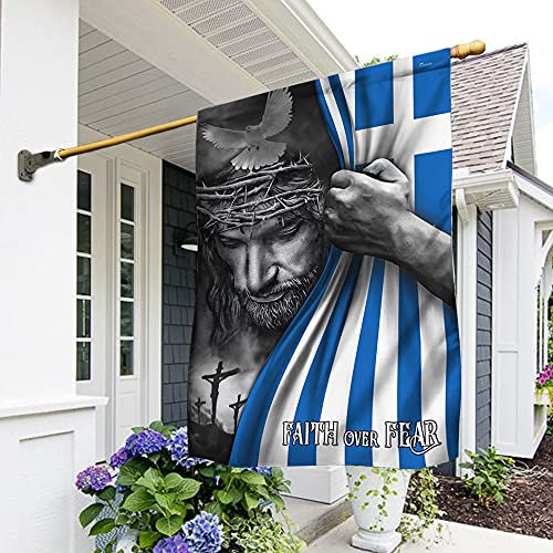 Saisonale Flagge Jesusflagge Jesus Glaube über Angst griechische Flagge Gartenflagge doppelseitig lustige Hofdekorationen für Weihnachtsfeier im Freien 70 cm x 102 cm